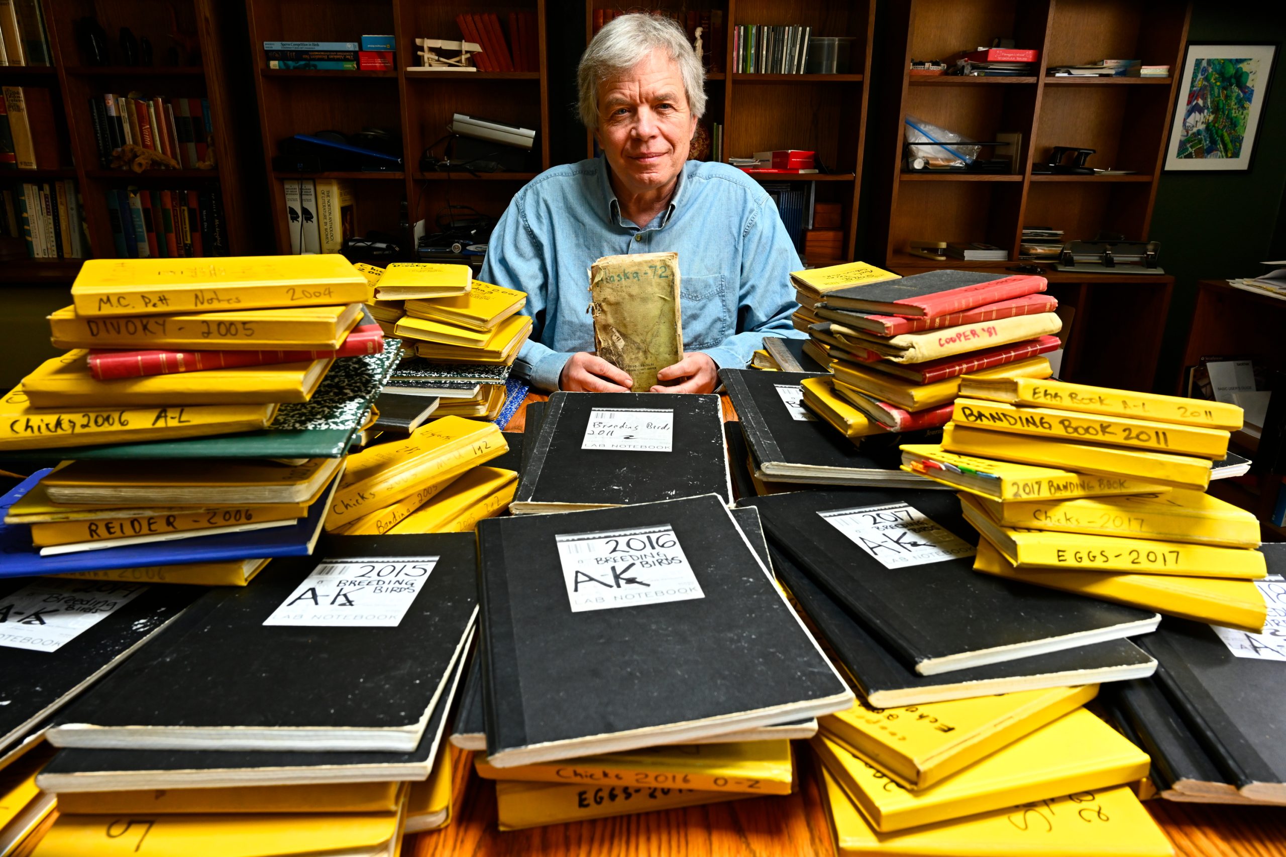 George Divoky amidst a sea of field notes taken from 50 years studying the Black Guillemots on Cooper Island.

Photo credit: Joe McNally