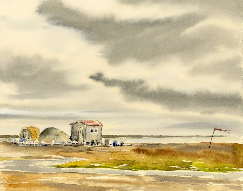 Watercolor of Cooper Island field camp by Maria Coryell-Martin