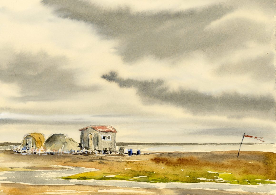 Watercolor of Cooper Island field camp by Maria Coryell-Martin